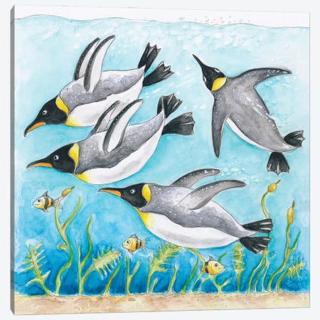 Emperor's Penguins Swimming Watercolor Canvas Print #SSI27} by Seven Sirens Studios Canvas Wall Art
