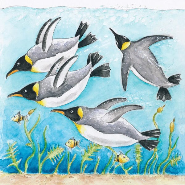 Seven Sirens Studios: Emperor's Penguins Swimming Watercolor by Seven Sirens Studios
