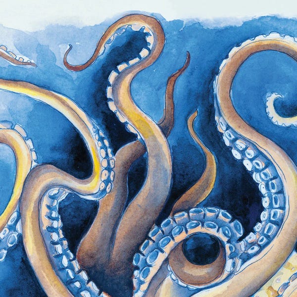 Seven Sirens Studios: Blue Yellow Tentacles Watercolor by Seven Sirens Studios