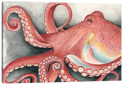 Giant Red Pacific Octopus Watercolor Art Canvas Art Print - Sea Life Art