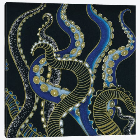 Golden Blue Tentacles Octopus Canvas Print #SSI32} by Seven Sirens Studios Canvas Wall Art