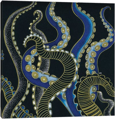 Golden Blue Tentacles Octopus Canvas Art Print - Octopus Art