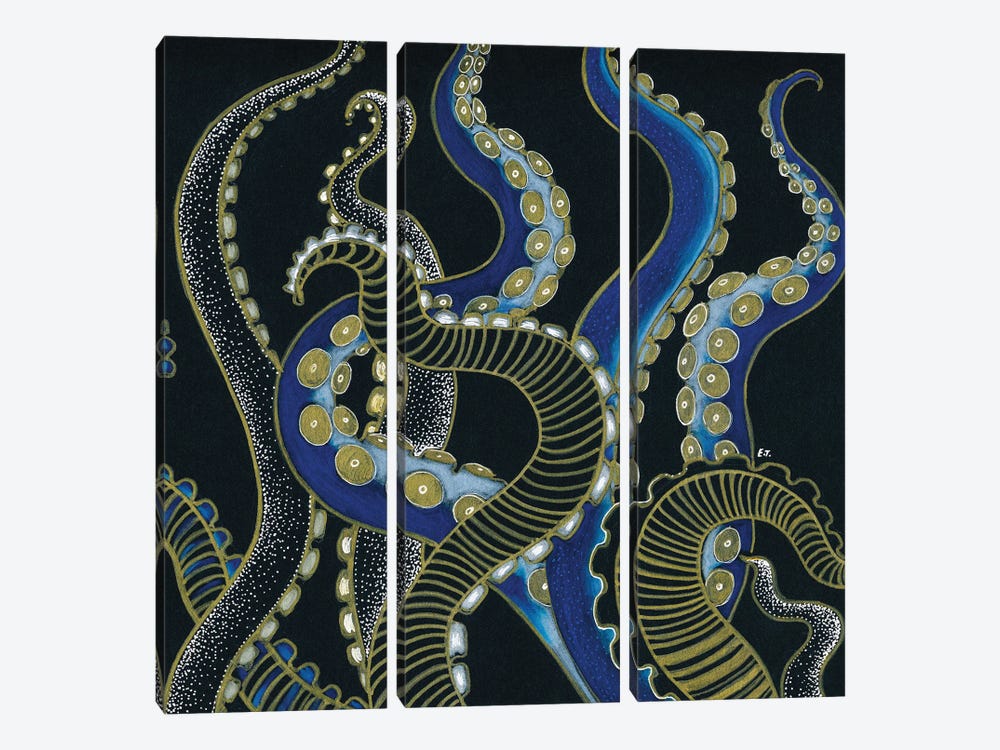 Golden Blue Tentacles Octopus by Seven Sirens Studios 3-piece Canvas Print