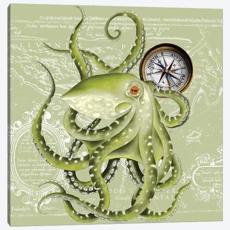 Green Octopus Tentacles Compass Vintage Map Canvas Print #SSI33} by Seven Sirens Studios Canvas Art