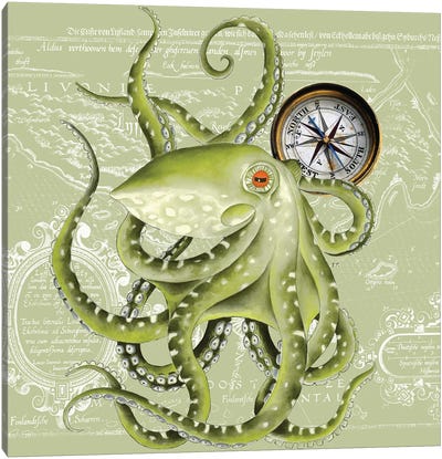 Green Octopus Tentacles Compass Vintage Map Canvas Art Print - Nautical Maps