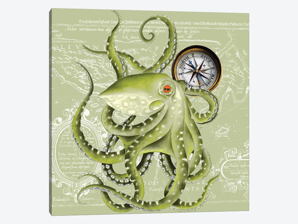 Green Octopus Tentacles Compass Vintage Map by Seven Sirens Studios 1-piece Canvas Wall Art