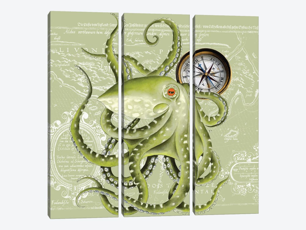 Green Octopus Tentacles Compass Vintage Map by Seven Sirens Studios 3-piece Canvas Artwork