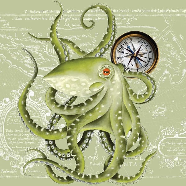 Seven Sirens Studios: Green Octopus Tentacles Compass Vintage Map by Seven Sirens Studios