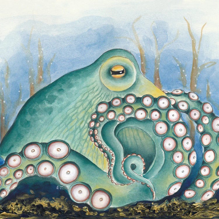 Green Octopus Treasure Watercolor Art