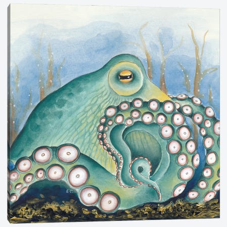 Green Octopus Treasure Watercolor Art Canvas Print #SSI34} by Seven Sirens Studios Canvas Art Print
