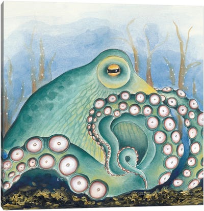 Green Octopus Treasure Watercolor Art Canvas Art Print - Octopus Art