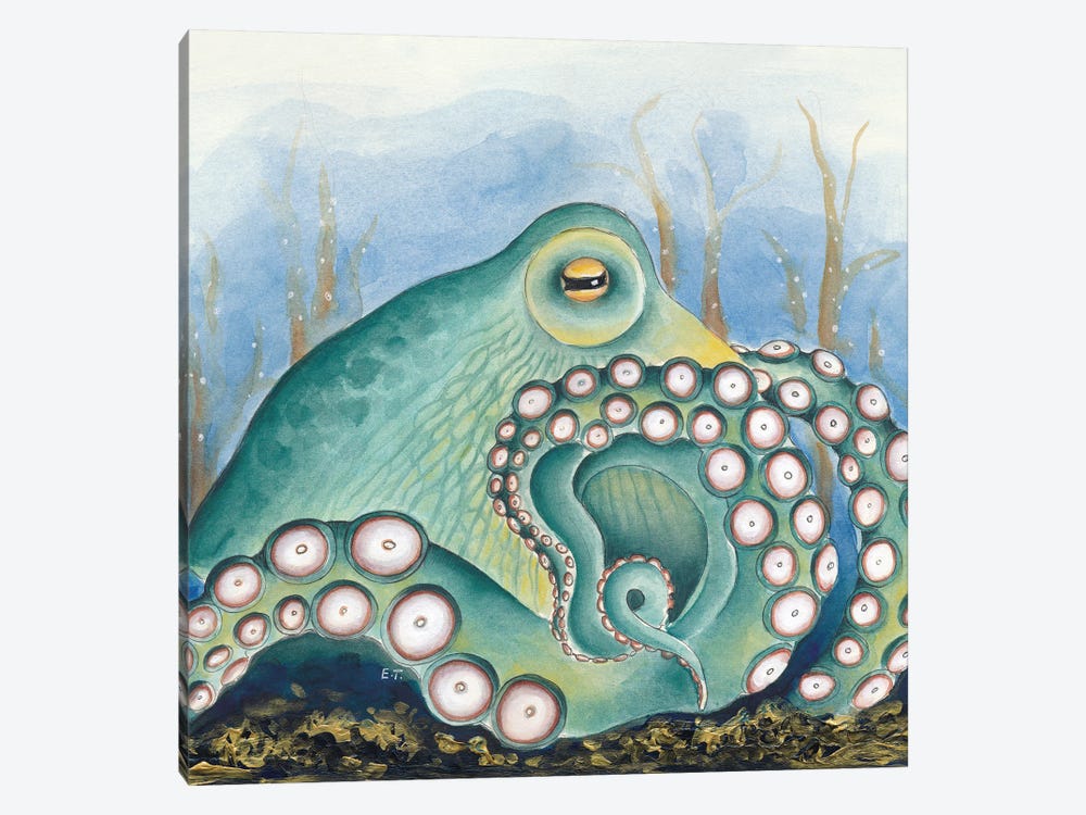Green Octopus Treasure Watercolor Art 1-piece Canvas Art Print