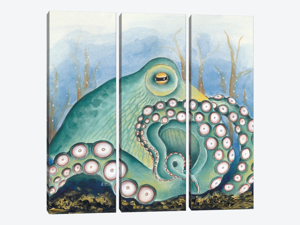 Green Octopus Treasure Watercolor Art by Seven Sirens Studios 3-piece Canvas Art Print
