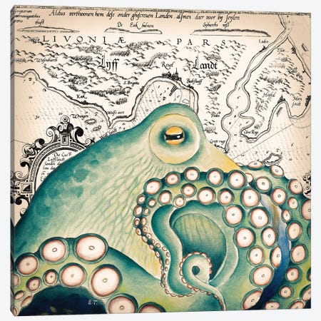 Green Octopus Vintage Map Grunge Canvas Print #SSI35} by Seven Sirens Studios Canvas Print