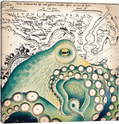 Green Octopus Vintage Map Grunge Canvas Art Print - Cottagecore Goes Coastal