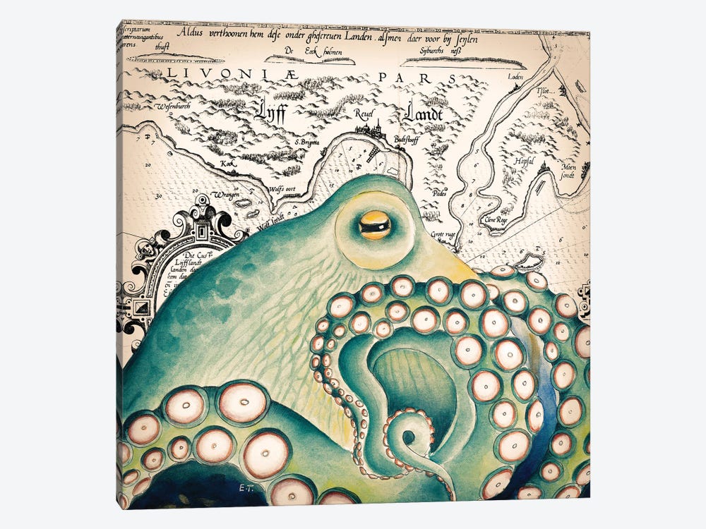 Green Octopus Vintage Map Grunge by Seven Sirens Studios 1-piece Canvas Wall Art