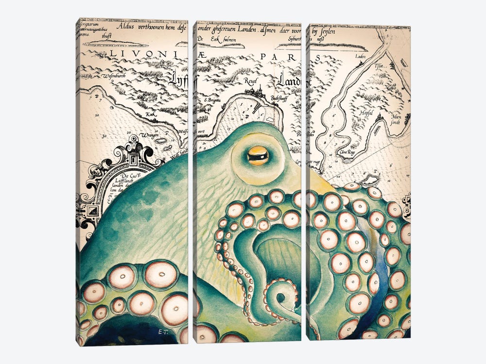Green Octopus Vintage Map Grunge by Seven Sirens Studios 3-piece Canvas Artwork