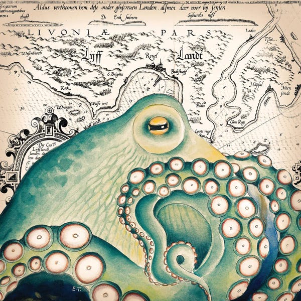 Cottagecore Goes Coastal: Green Octopus Vintage Map Grunge by Seven Sirens Studios