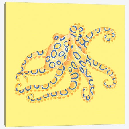 Blue Ring Octopus On Yellow Watercolor Canvas Print #SSI36} by Seven Sirens Studios Canvas Art Print