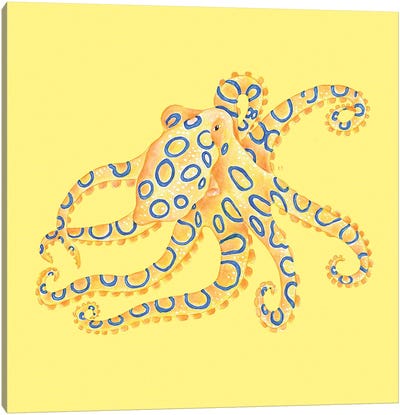 Blue Ring Octopus On Yellow Watercolor Canvas Art Print - Seven Sirens Studios