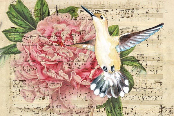 Music Notes: Hummingbird Peony Music Vintage by Seven Sirens Studios