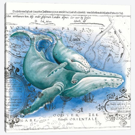 Humpback Whales Vintage Map Blue Canvas Print #SSI39} by Seven Sirens Studios Canvas Wall Art