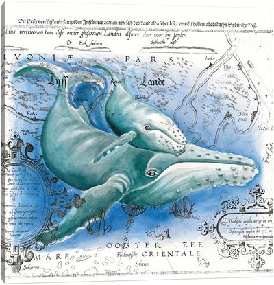 Humpback Whales Vintage Map Blue Canvas Art Print - Nautical Maps