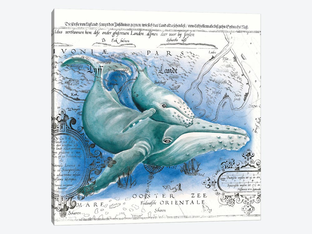 Humpback Whales Vintage Map Blue by Seven Sirens Studios 1-piece Canvas Art