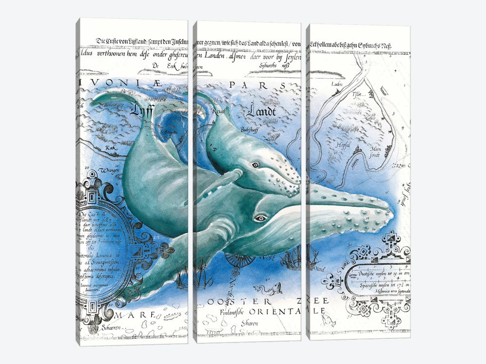 Humpback Whales Vintage Map Blue by Seven Sirens Studios 3-piece Canvas Wall Art