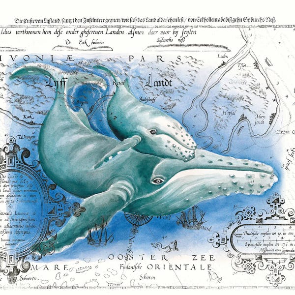 Seven Sirens Studios: Humpback Whales Vintage Map Blue by Seven Sirens Studios