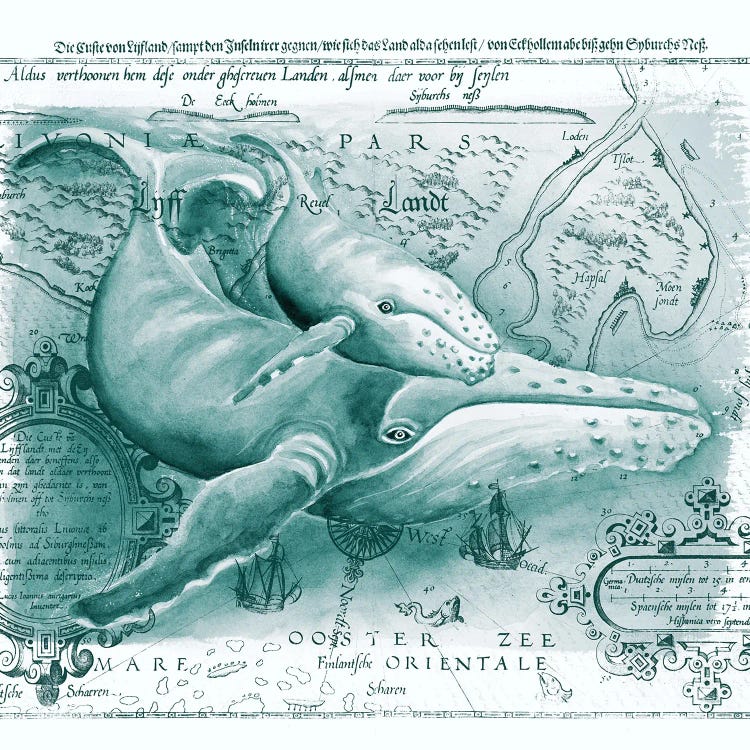 Humpback Whales Vintage Map Green by Seven Sirens Studios wall art