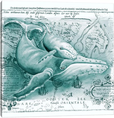 Humpback Whales Vintage Map Green Canvas Art Print - Cottagecore Goes Coastal