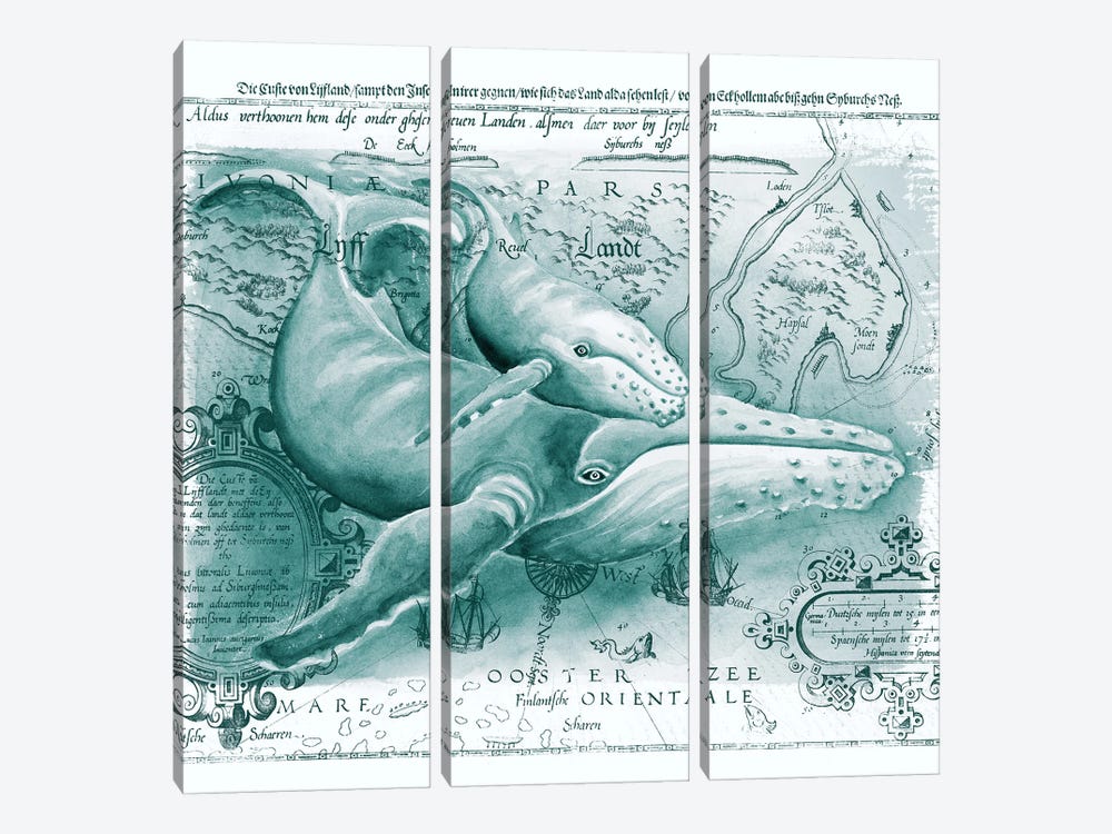 Humpback Whales Vintage Map Green by Seven Sirens Studios 3-piece Canvas Print