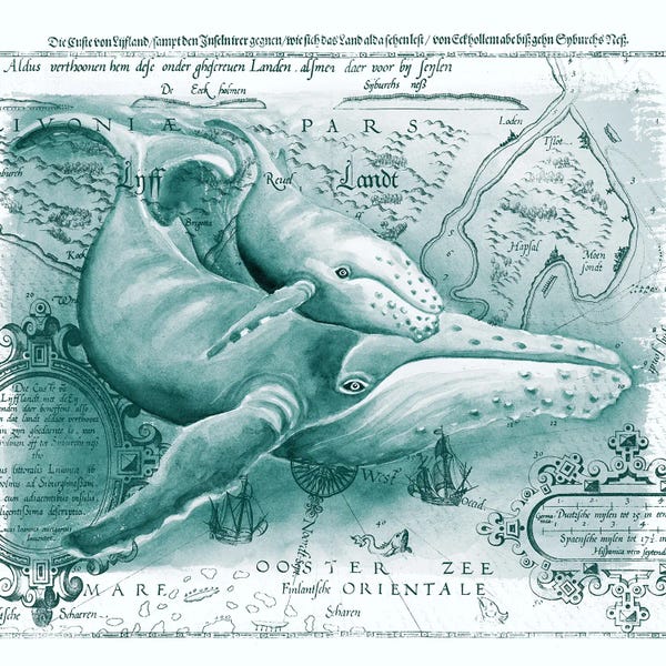Cottagecore Goes Coastal: Humpback Whales Vintage Map Green by Seven Sirens Studios