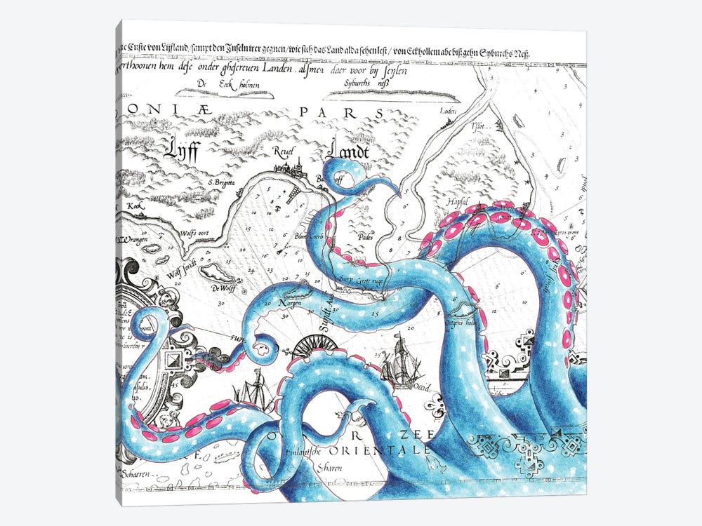 Blue Pink Tentacles Vintage Map by Seven Sirens Studios 1-piece Canvas Print