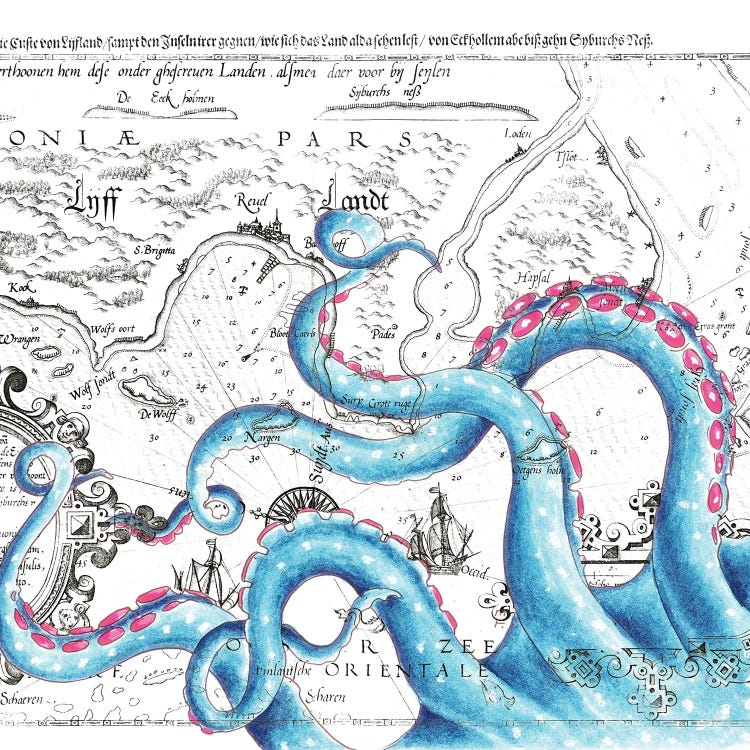 Blue Pink Tentacles Vintage Map