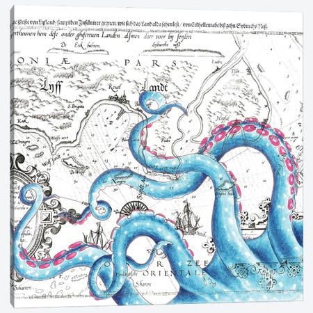 Blue Pink Tentacles Vintage Map Canvas Print #SSI4} by Seven Sirens Studios Canvas Print