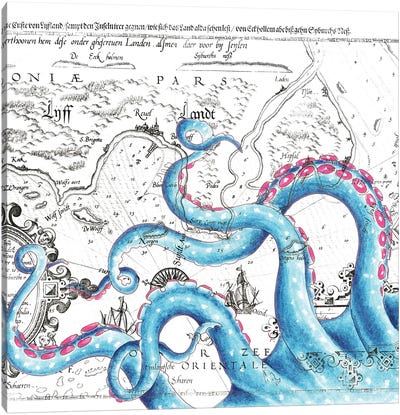 Blue Pink Tentacles Vintage Map Canvas Art Print - Nautical Maps
