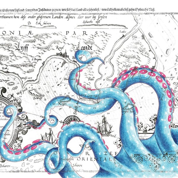 Seven Sirens Studios: Blue Pink Tentacles Vintage Map by Seven Sirens Studios