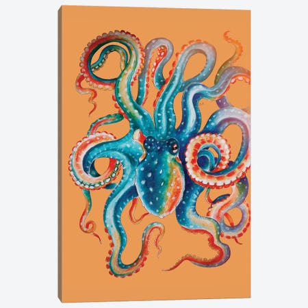 Octopus Teal On Orange Watercolor Art Canvas Print #SSI51} by Seven Sirens Studios Canvas Artwork