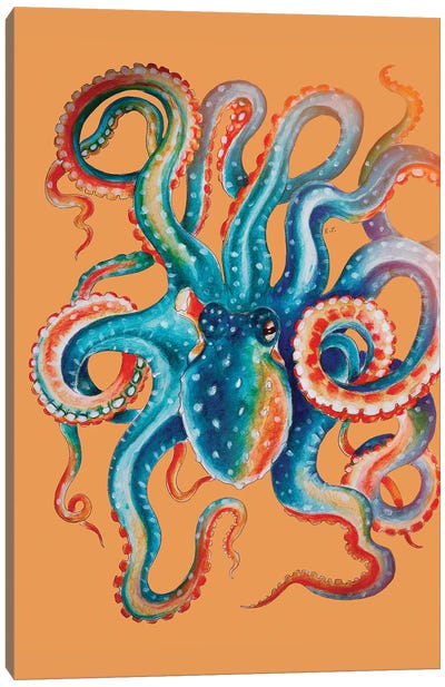 Octopus Teal On Orange Watercolor Art Canvas Art Print - Octopus Art