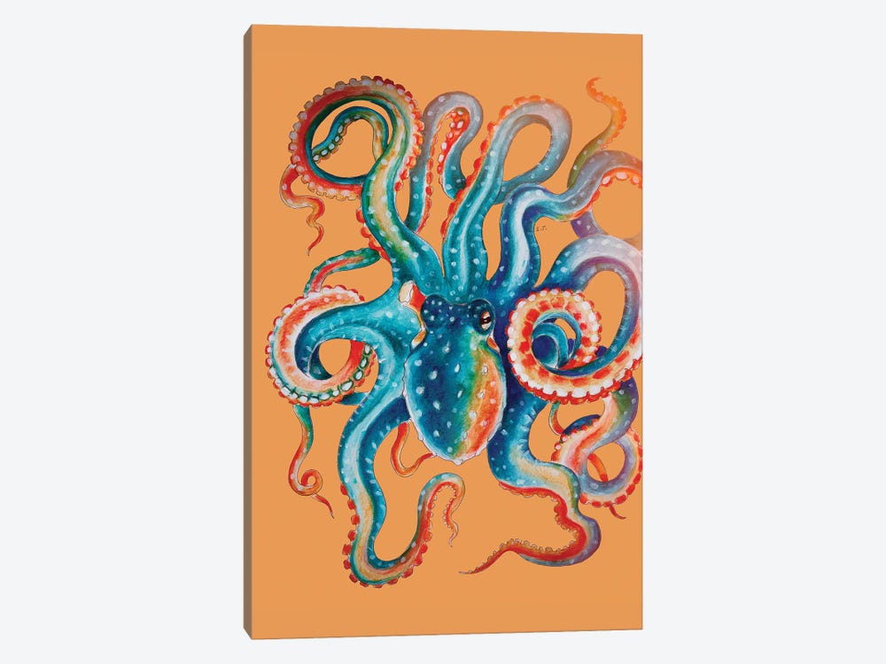 Octopus Teal On Orange Watercolor Art by Seven Sirens Studios 1-piece Canvas Artwork