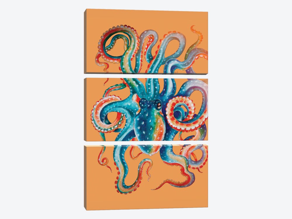 Octopus Teal On Orange Watercolor Art by Seven Sirens Studios 3-piece Canvas Artwork