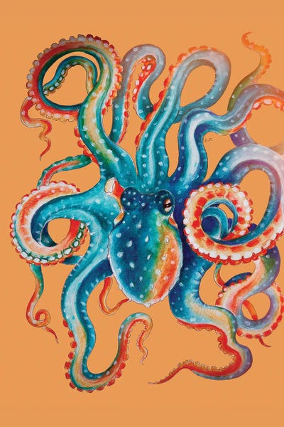 Seven Sirens Studios: Octopus Teal On Orange Watercolor Art by Seven Sirens Studios