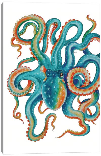 Octopus Teal Tentacles Watercolor Art Canvas Art Print - Octopus Art