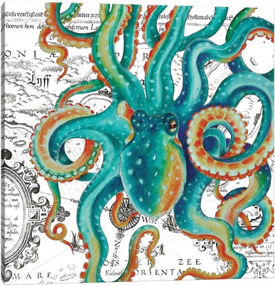 Octopus Teal Vintage Map White Canvas Art Print - Seven Sirens Studios