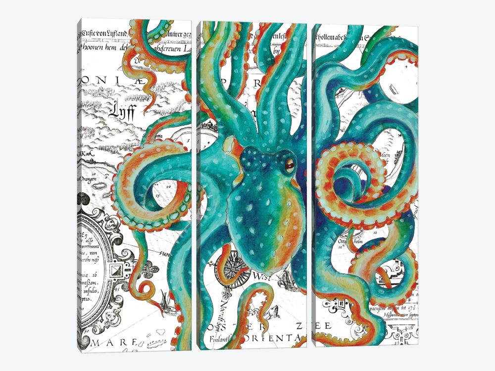 Octopus Teal Vintage Map White by Seven Sirens Studios 3-piece Canvas Artwork