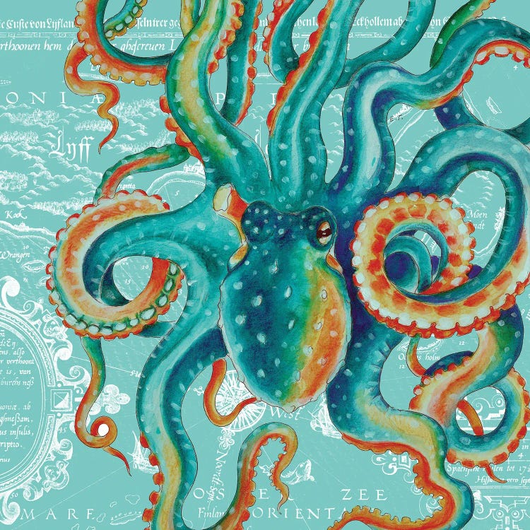 Octopus Teal Tentacles Vintage Map Teal by Seven Sirens Studios wall art