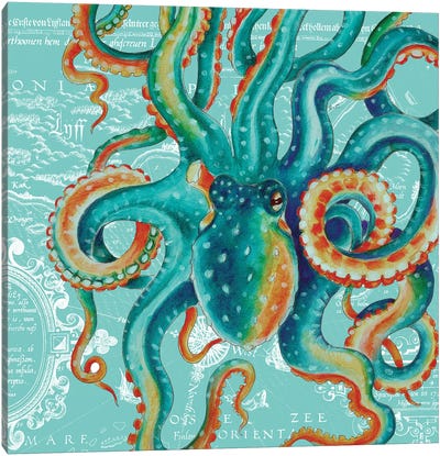 Octopus Teal Tentacles Vintage Map Teal Canvas Art Print - Octopi