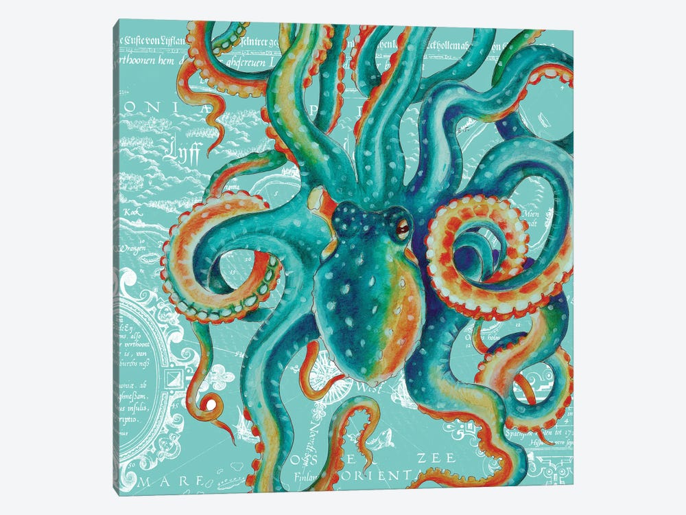 Octopus Teal Tentacles Vintage Map Teal by Seven Sirens Studios 1-piece Art Print